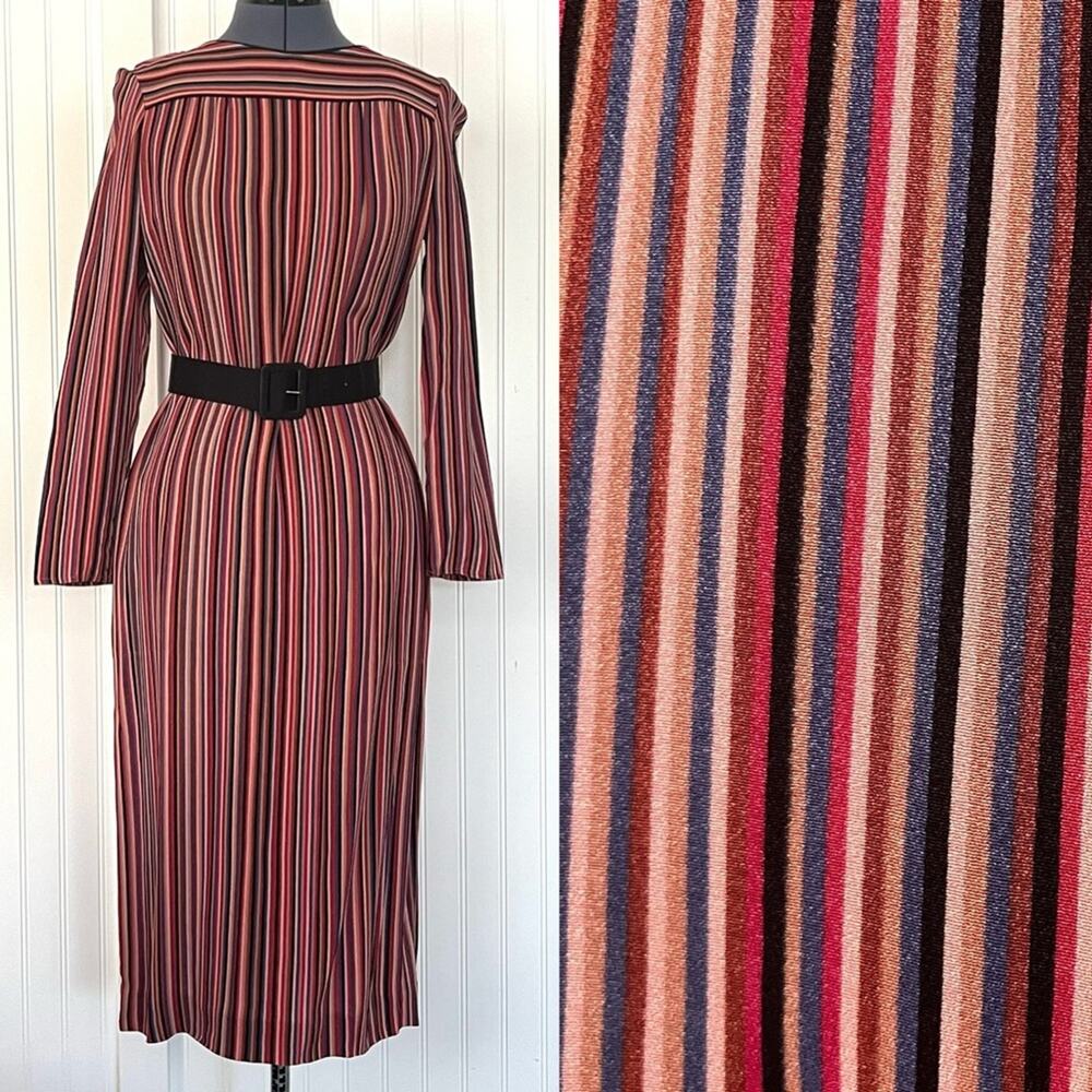 Vintage 70s Colorful Pink Striped Maxi Dress Nicole Miller for PJ Walsh Medium